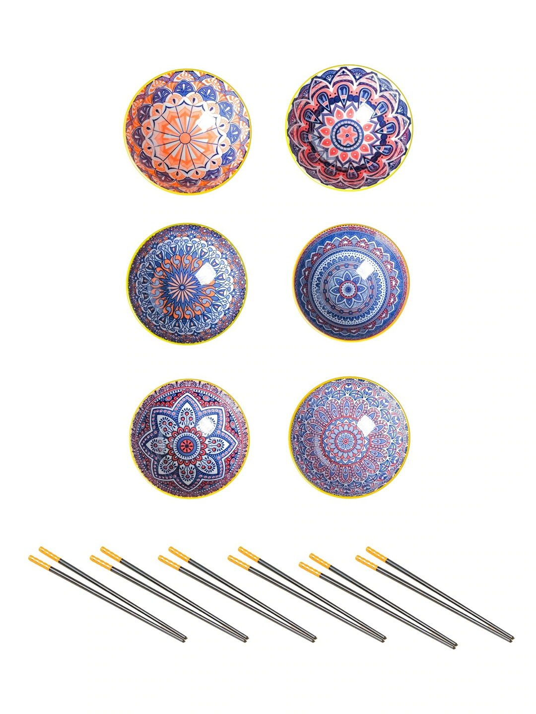 White &Blue Pack Of 6 Microwave Safe Printed Ceramic Glossy Bowls And Chopsticks