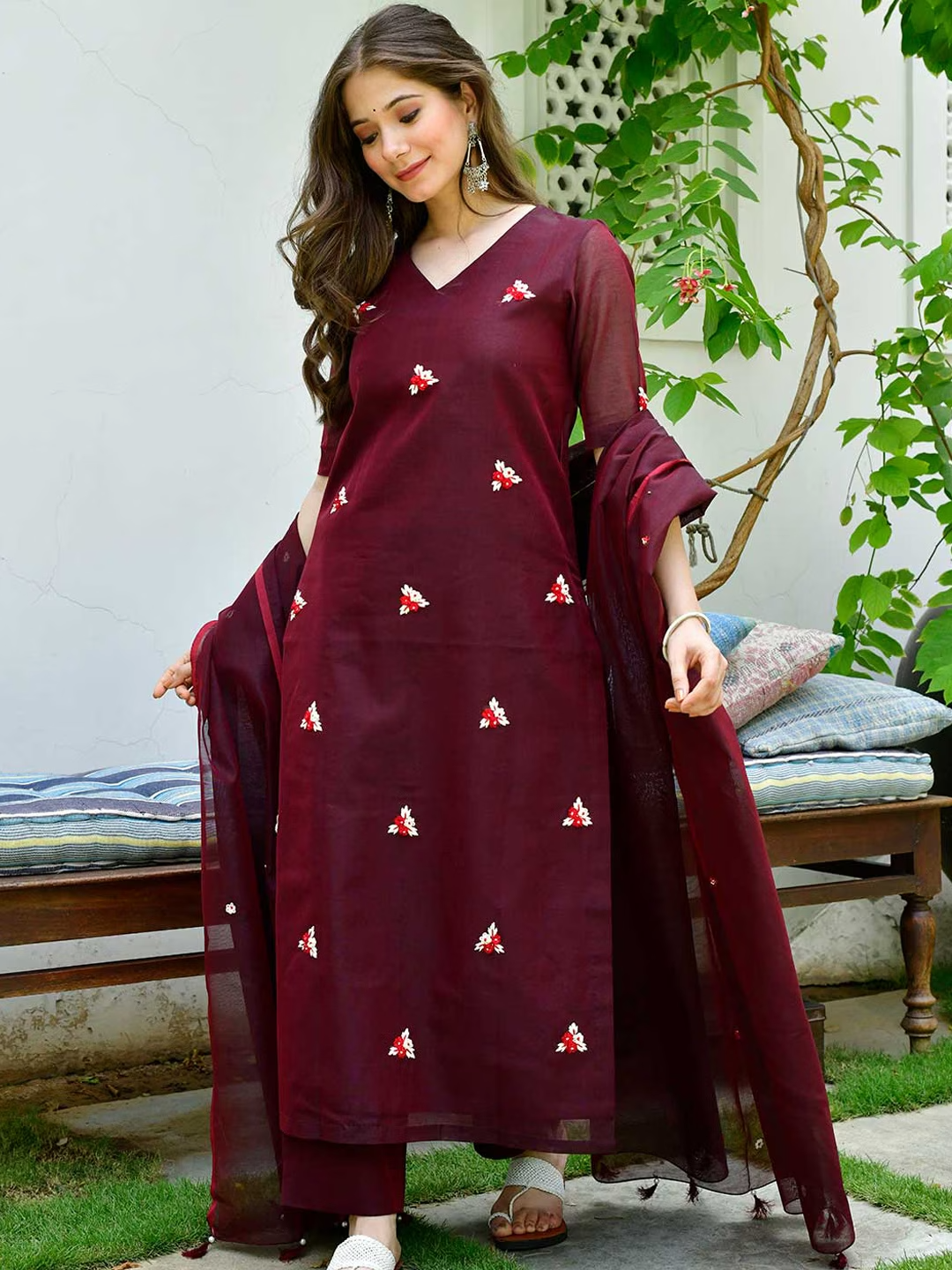 Floral Embroidered Pure Cotton Straight Kurta With Palazzos & Dupatta