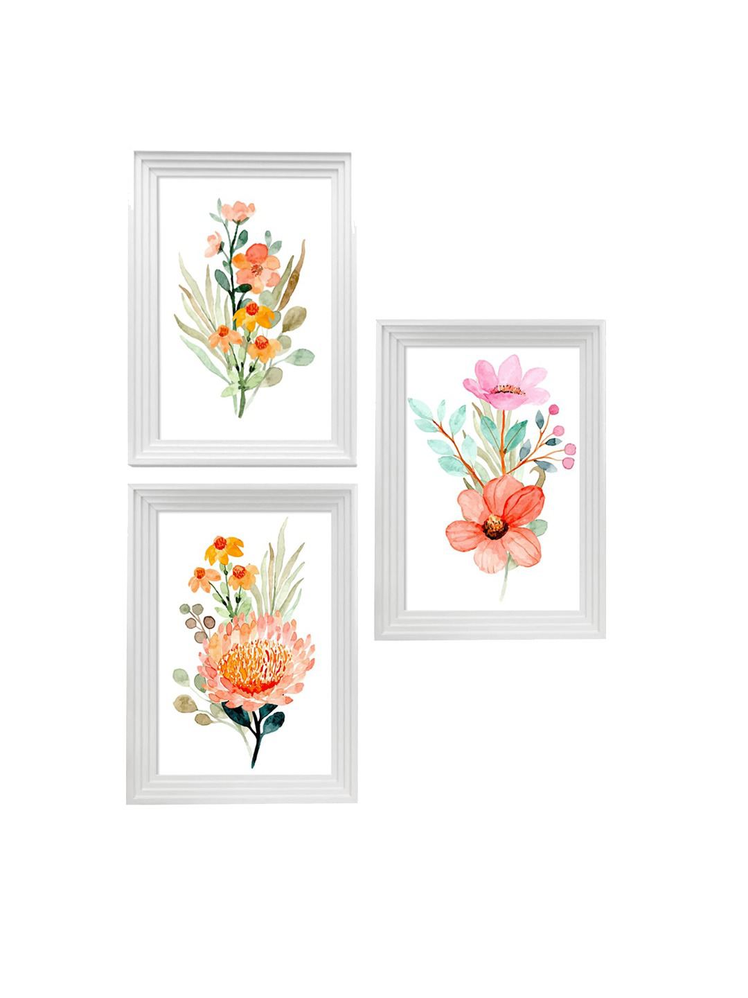 Art Street Set Of 3 White & Peach-Coloured Floral Printed Framed Wall Art