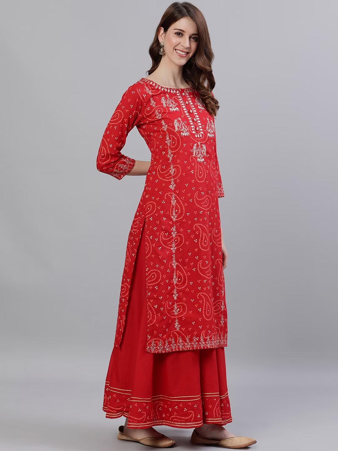 Women Red Embroidered Kurta with Sharara & Dupatta