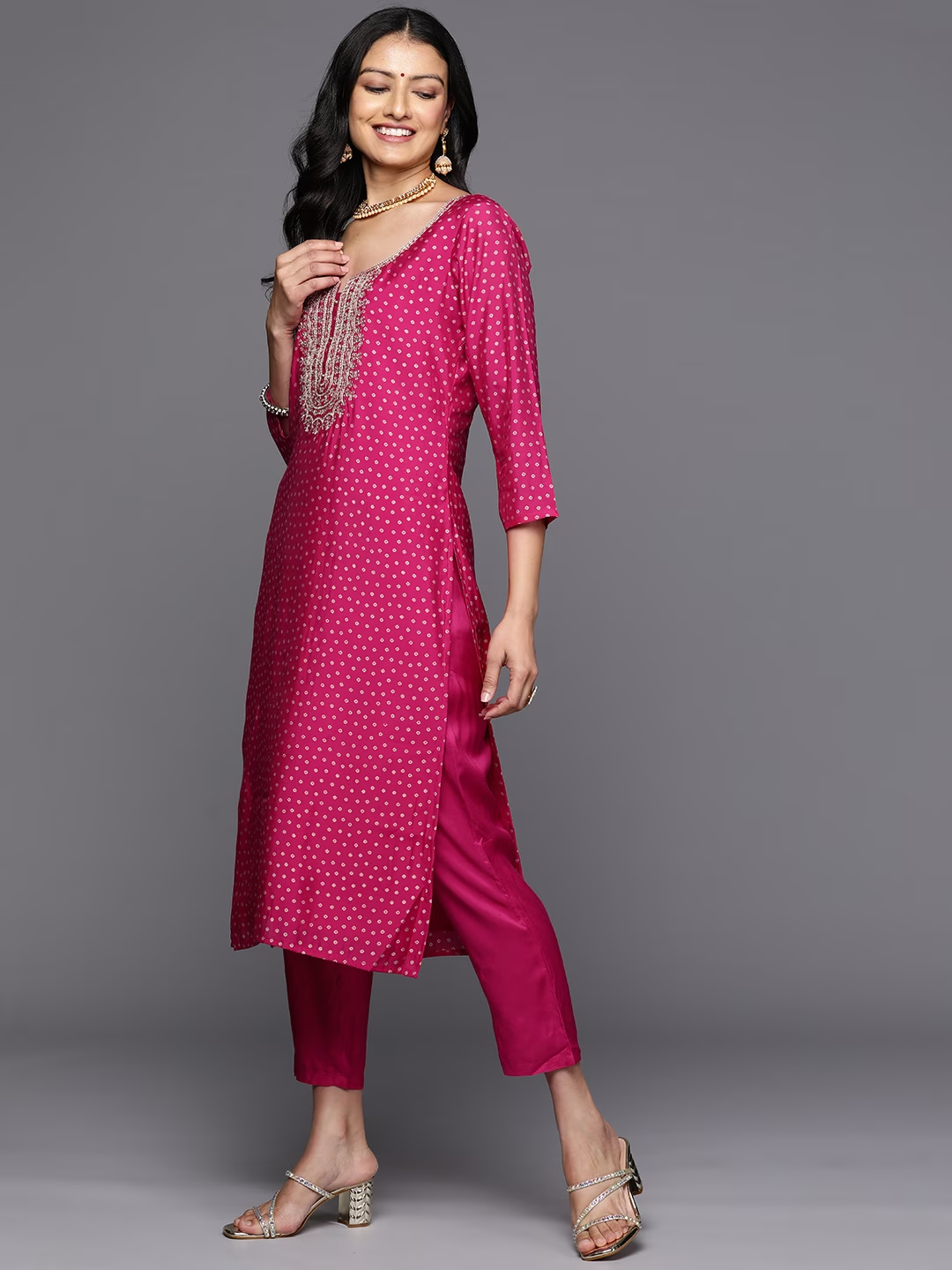 Bandhani Yoke Design Sweetheart Neck Kurta With Trousers & Dupatta