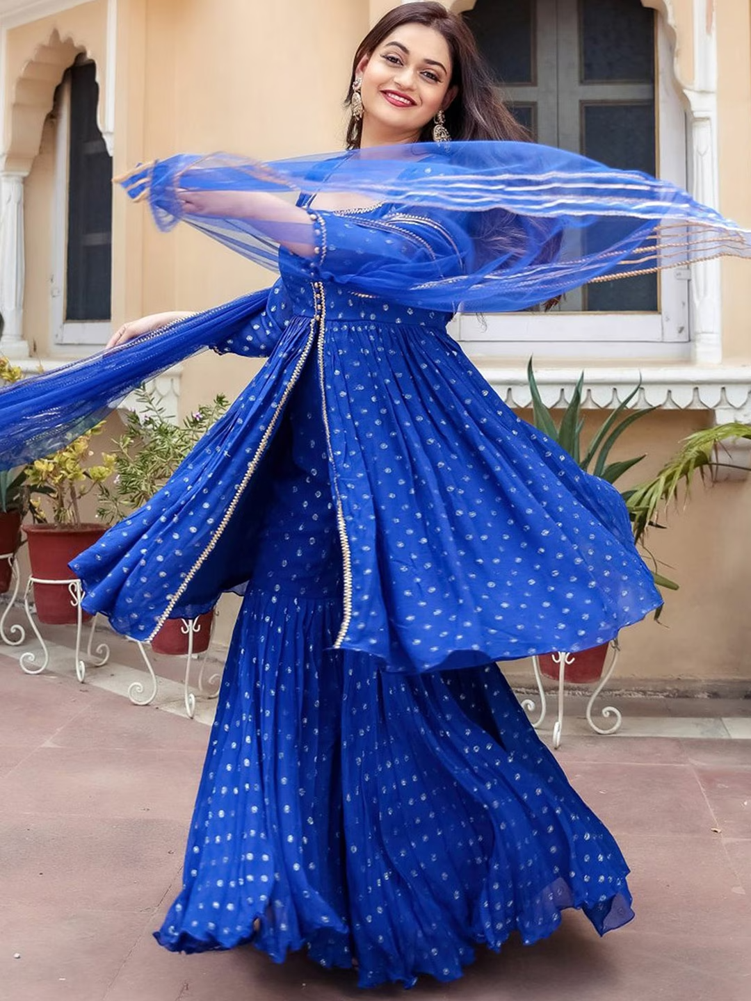 Women Blue Regular Georgette Kurta with Sharara & Dupatta