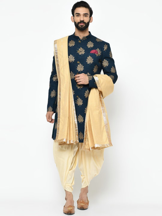 Men Navy Blue & Gold Printed Sherwani with Dhoti Pants
