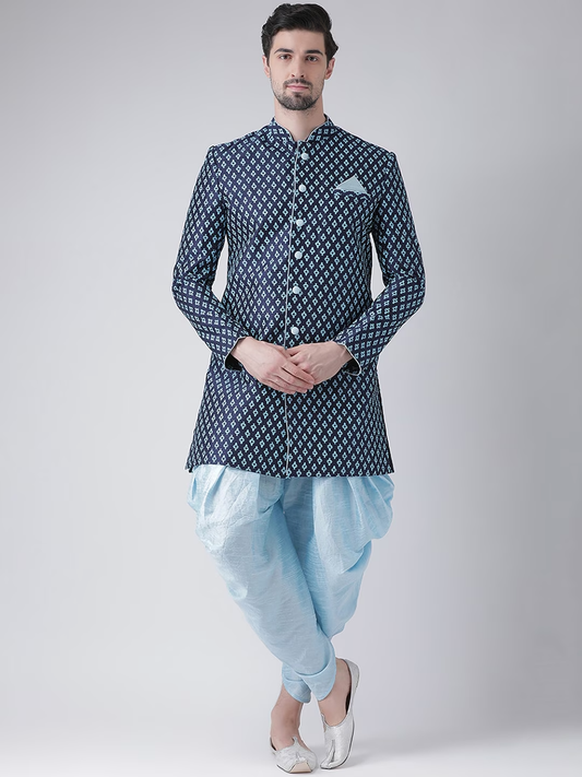 Men Navy Blue Printed Sherwani With Patiala Pants