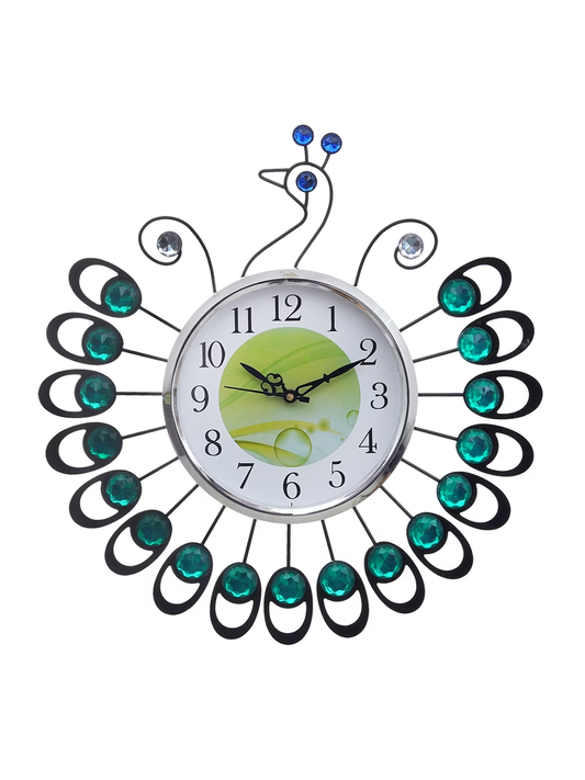 Green & White Embellished Analogue Contemporary Wall Clock