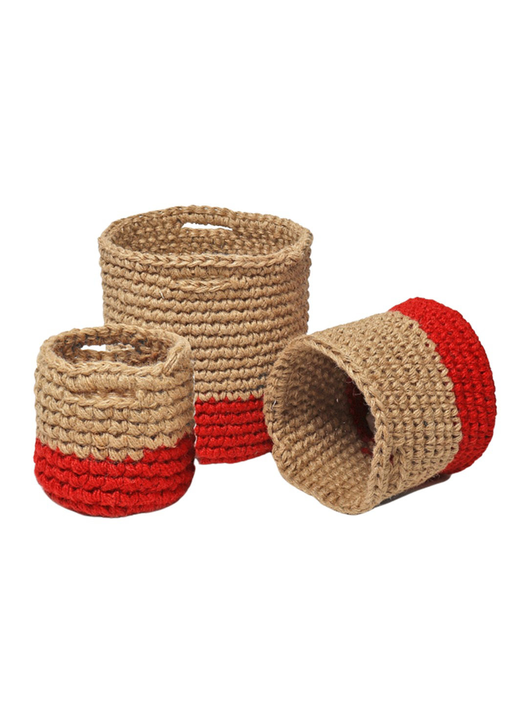 Beige and Red Set of 3 Color blocked Jute Crochet Baskets