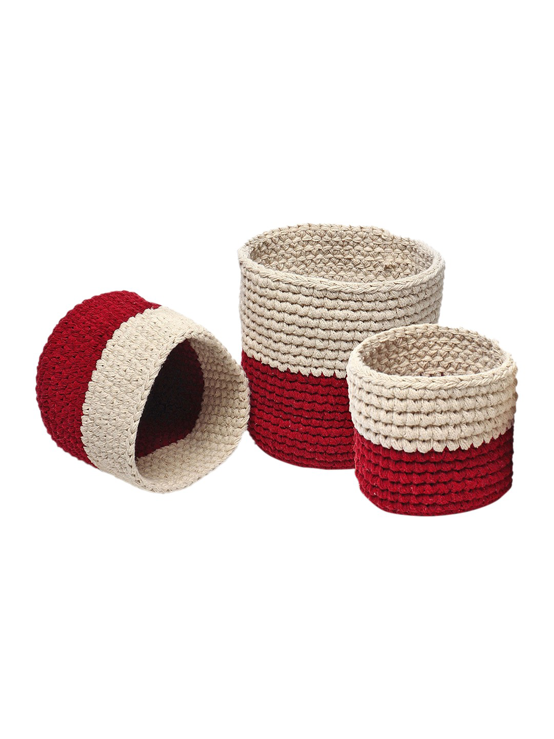 Maroon and Cream Set of 3 Color blocked Jute Crochet Baskets
