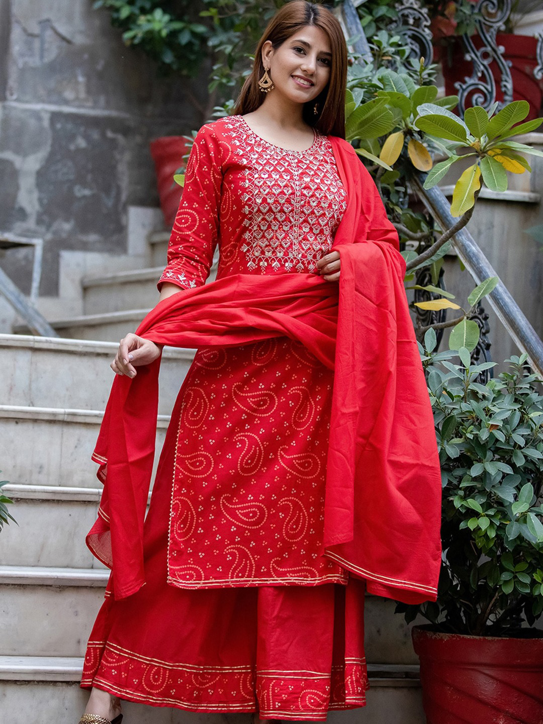 Women Red Bandhej Embroidered Kurta With Sharara & Dupatta