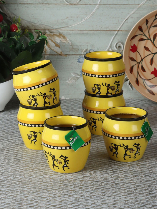 Yellow & Black Set of 6 Dishwasher And Microwave Safe Ceramic Kulladhs 200 ML Each