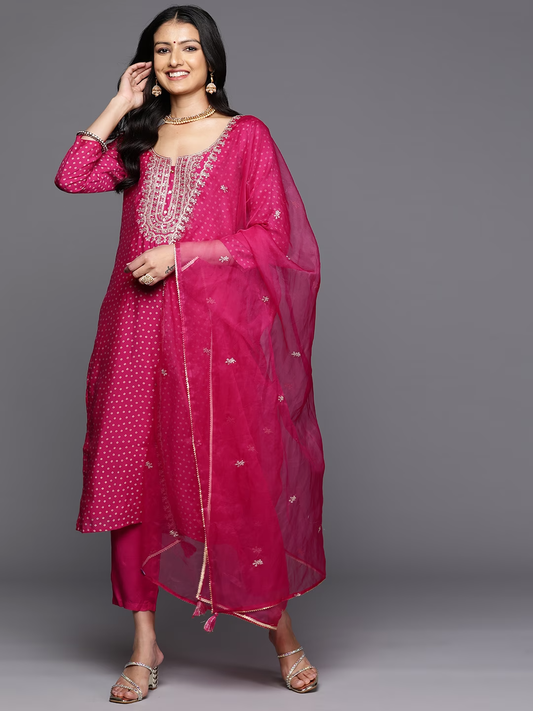 Bandhani Yoke Design Sweetheart Neck Kurta With Trousers & Dupatta