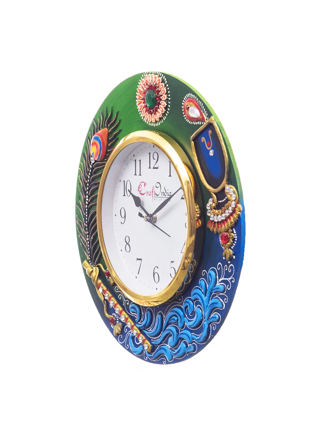 White & Blue Handcrafted Round Embellished Analogue Wall Clock