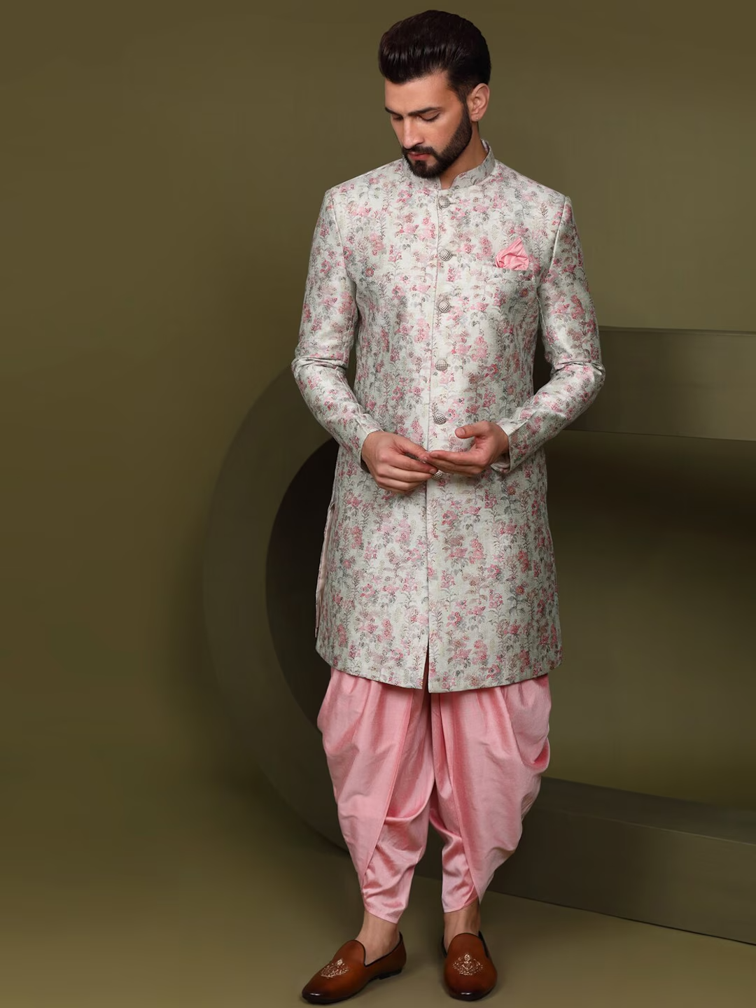 Men Woven Design Straight Sherwani Set