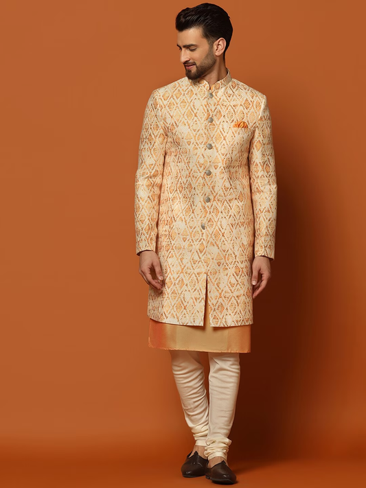 Self-Design Cotton Sherwani Set