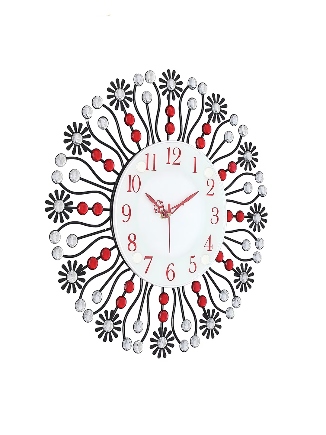 White & Red Handcrafted Round Embellished 37 cm Analogue Wall Clock