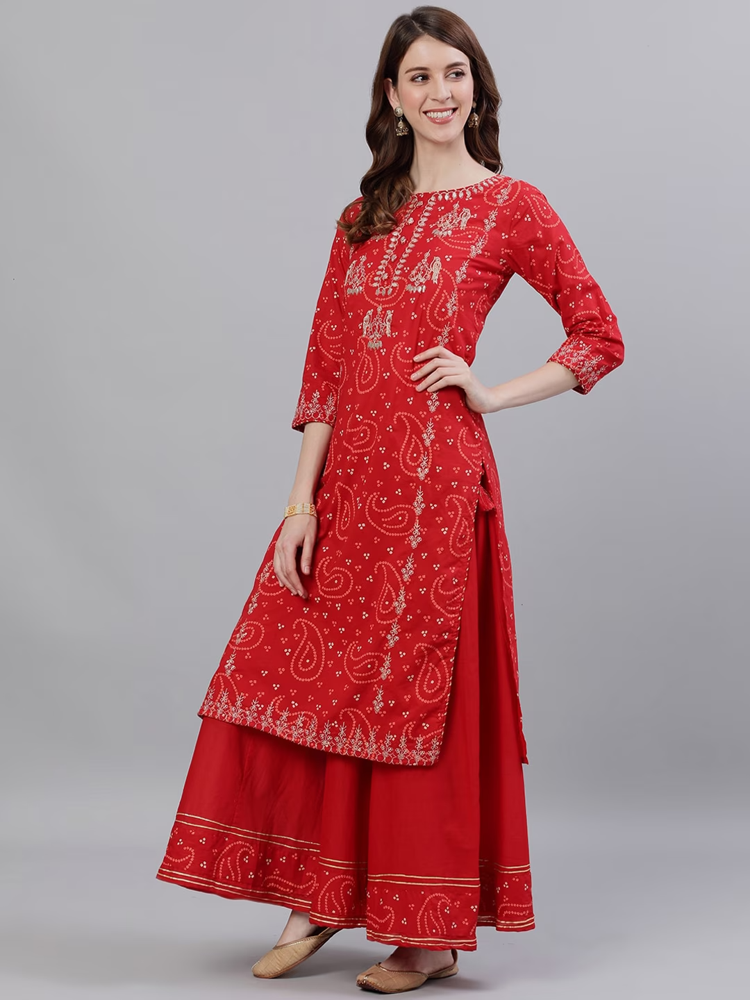 Women Red Embroidered Kurta with Sharara & Dupatta