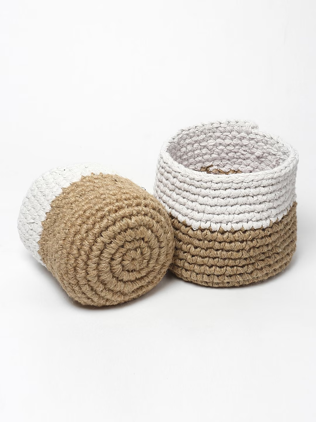 White and Brown Set of 2 Color blocked Jute Crochet Baskets