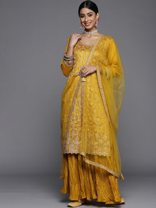 Women Mustard Yellow Floral Motifs Sequinned Salwar Suit