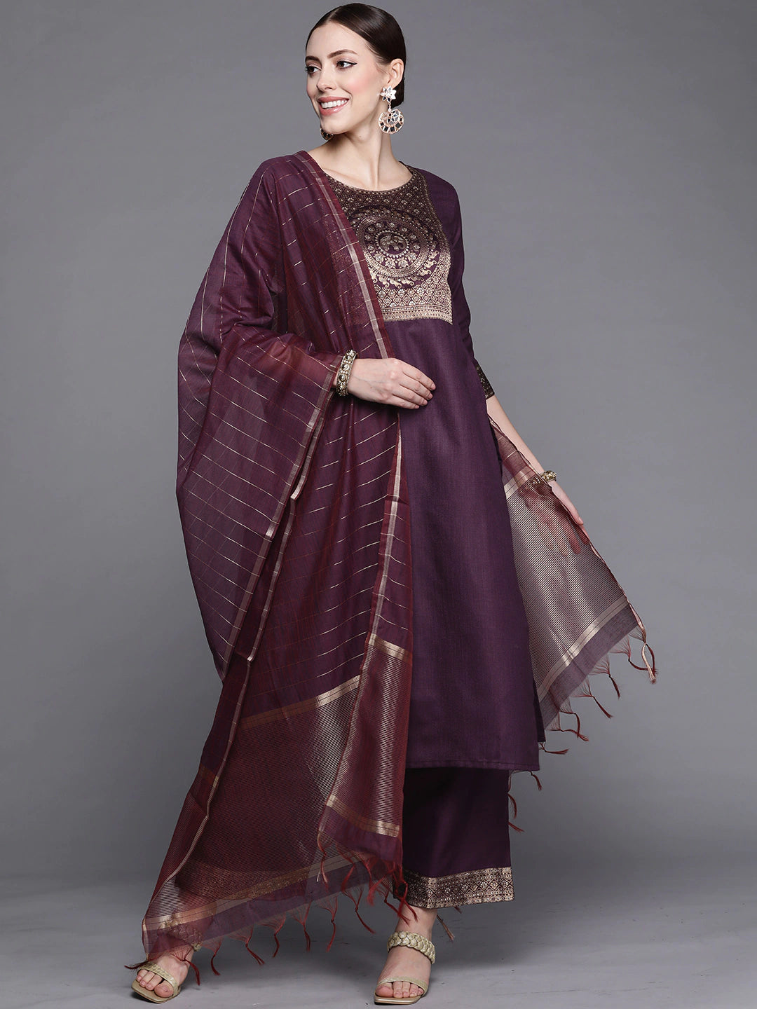 Women Purple Yoke Design Kurta with Palazzos & With Dupatta