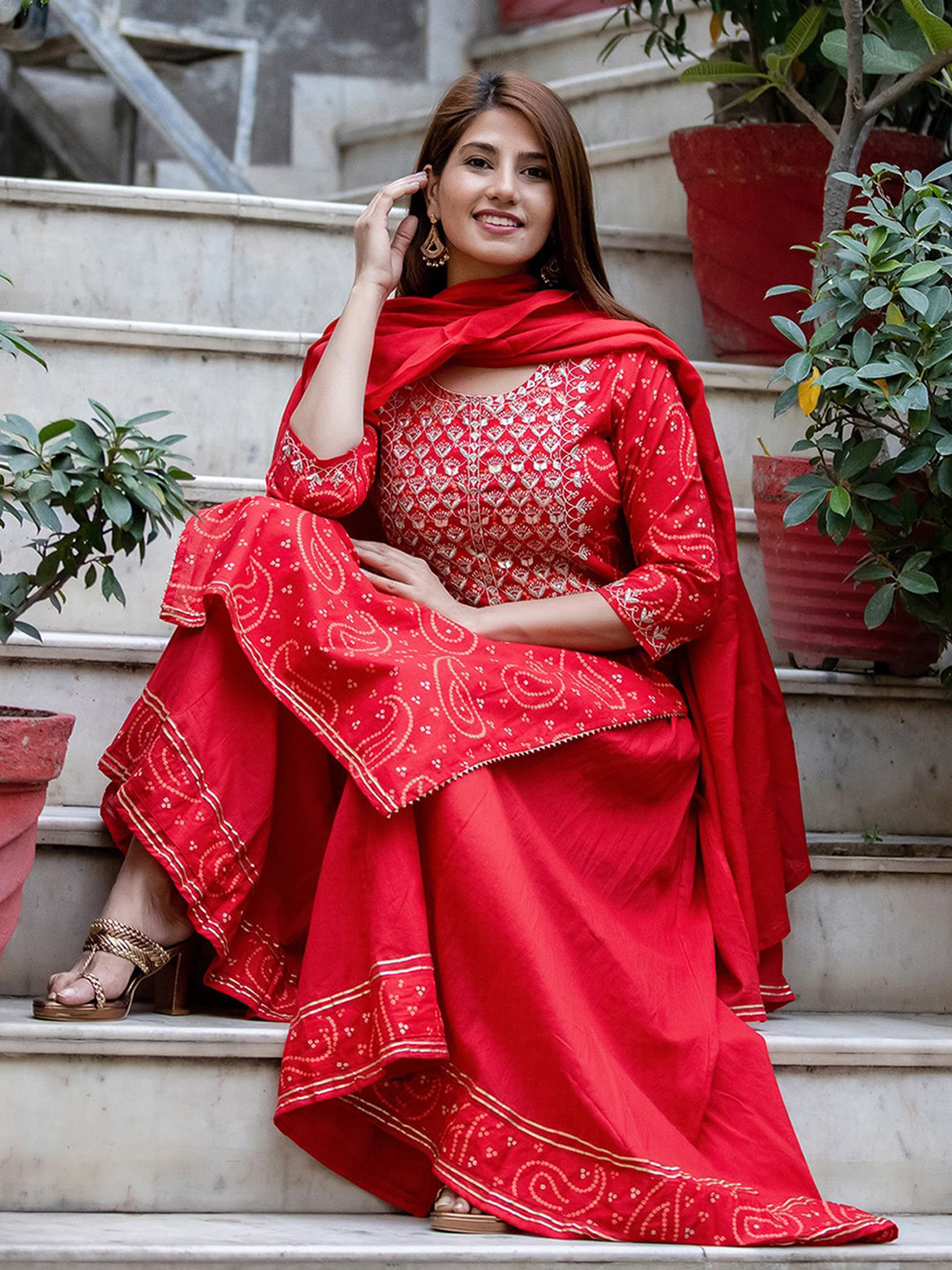 Women Red Bandhej Embroidered Kurta With Sharara & Dupatta