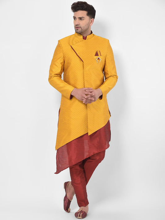 Men Yellow & Maroon Sherwani Set With Anchkan