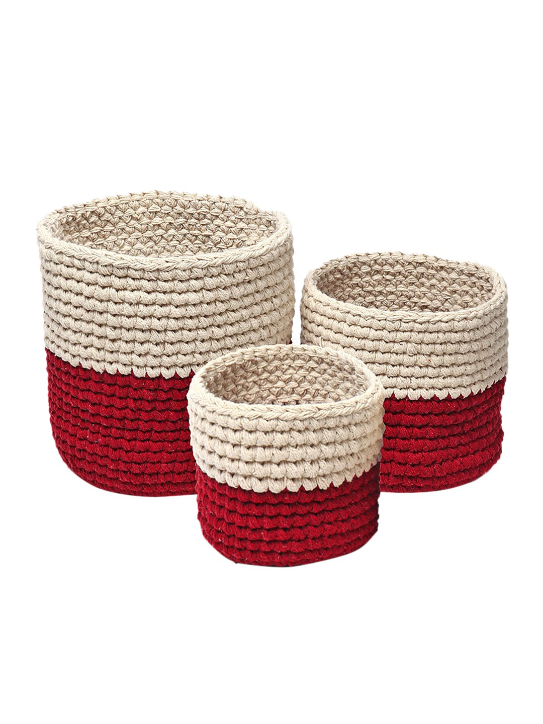 Maroon and Cream Set of 3 Color blocked Jute Crochet Baskets