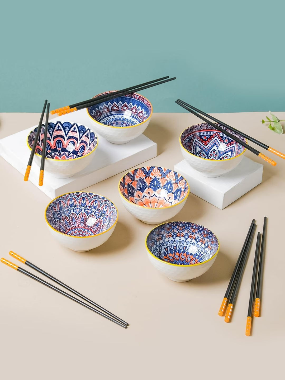 White &Blue Pack Of 6 Microwave Safe Printed Ceramic Glossy Bowls And Chopsticks