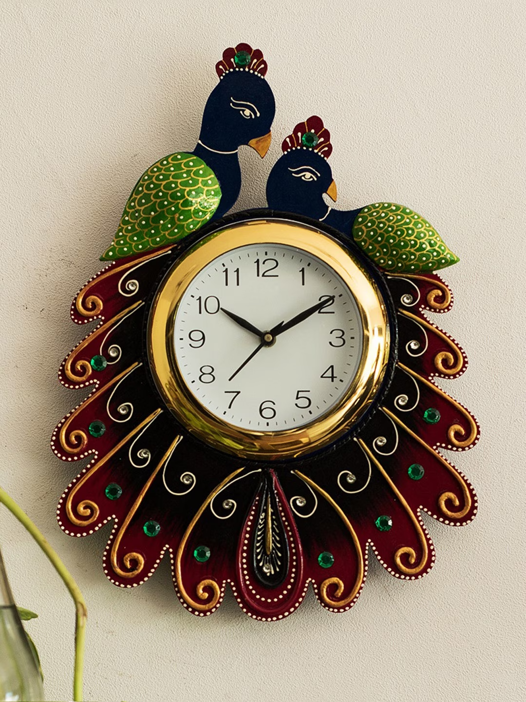 White & Maroon Handcrafted Bird Shaped Printed Analogue Wall Clock
