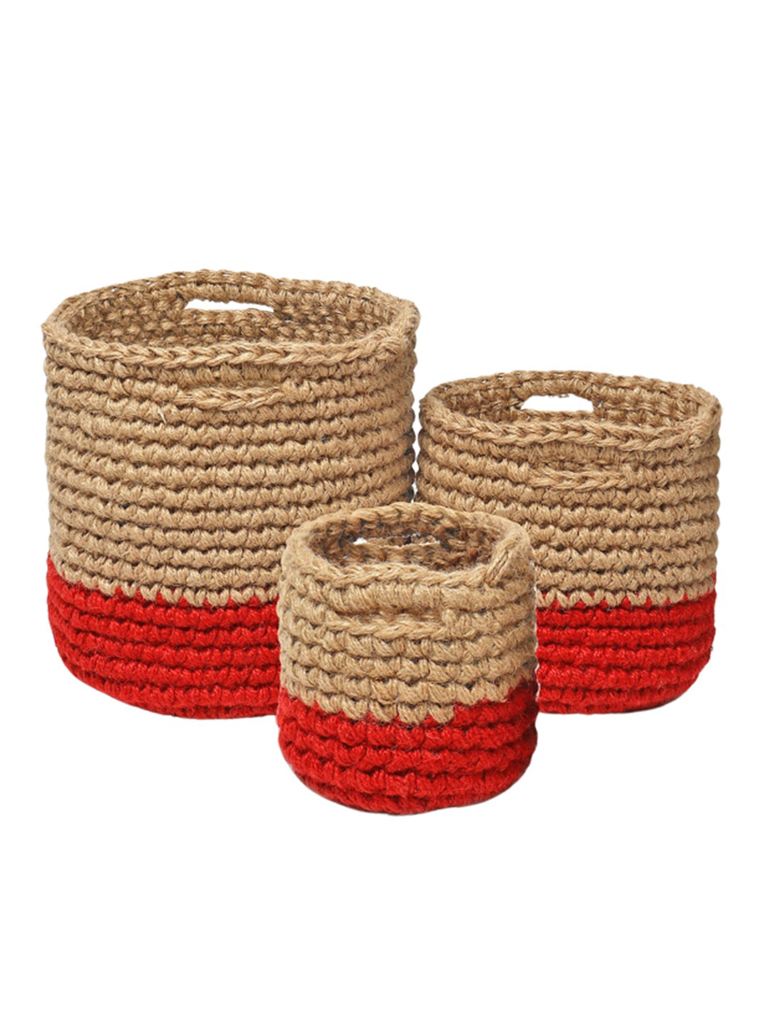 Beige and Red Set of 3 Color blocked Jute Crochet Baskets