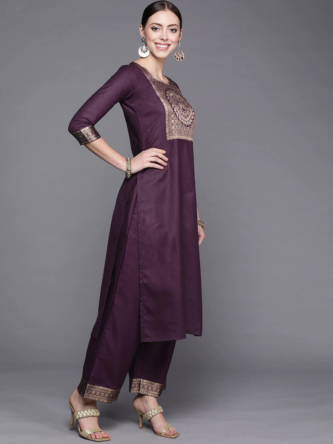 Women Purple Yoke Design Kurta with Palazzos & With Dupatta