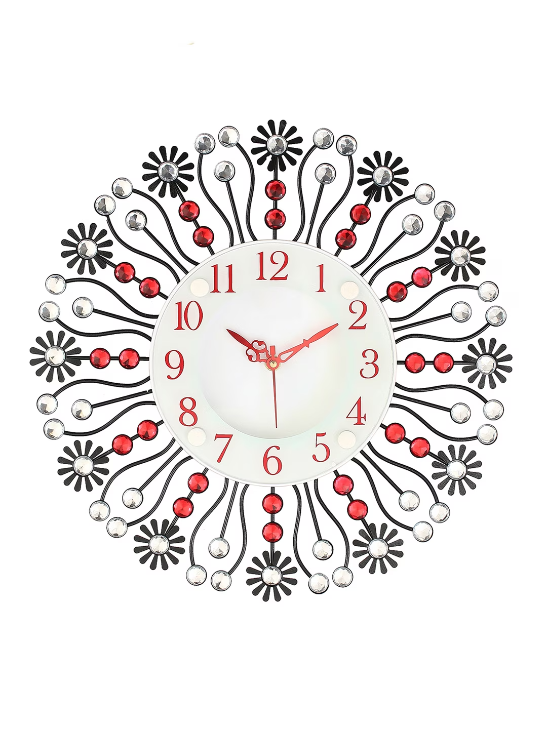 White & Red Handcrafted Round Embellished 37 cm Analogue Wall Clock