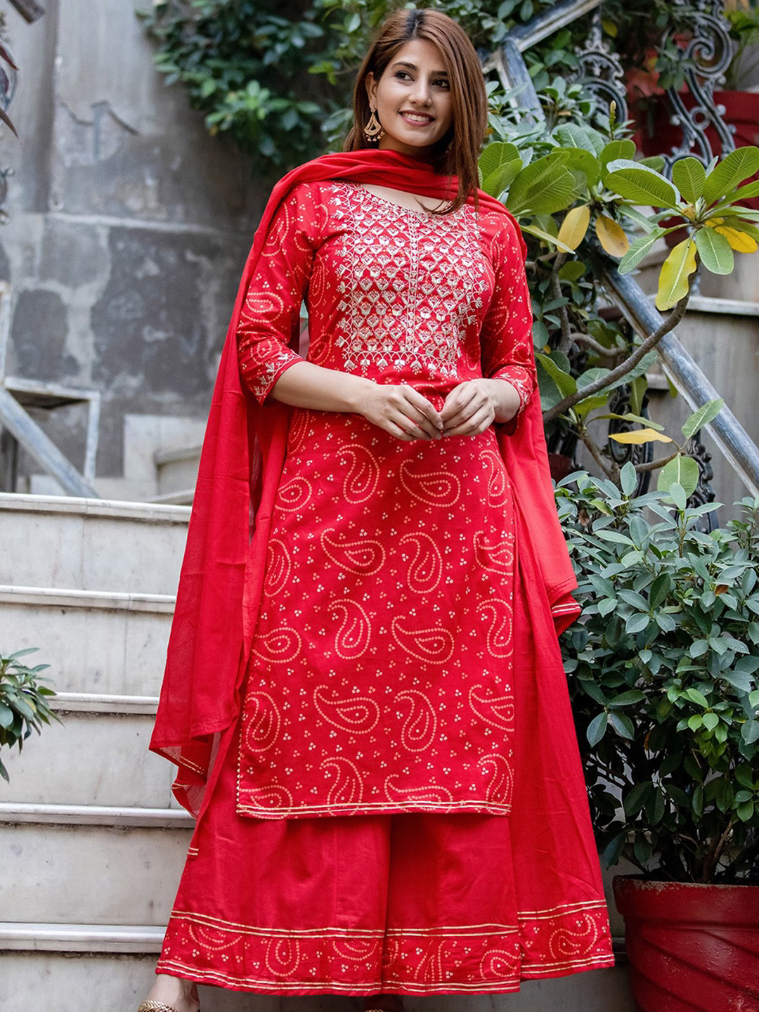 Women Red Bandhej Embroidered Kurta With Sharara & Dupatta