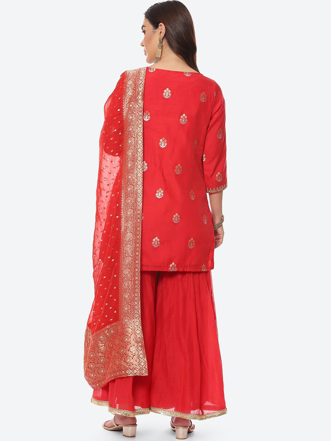 Women Red Floral Embroidered Kurta with Sharara & With Dupatta