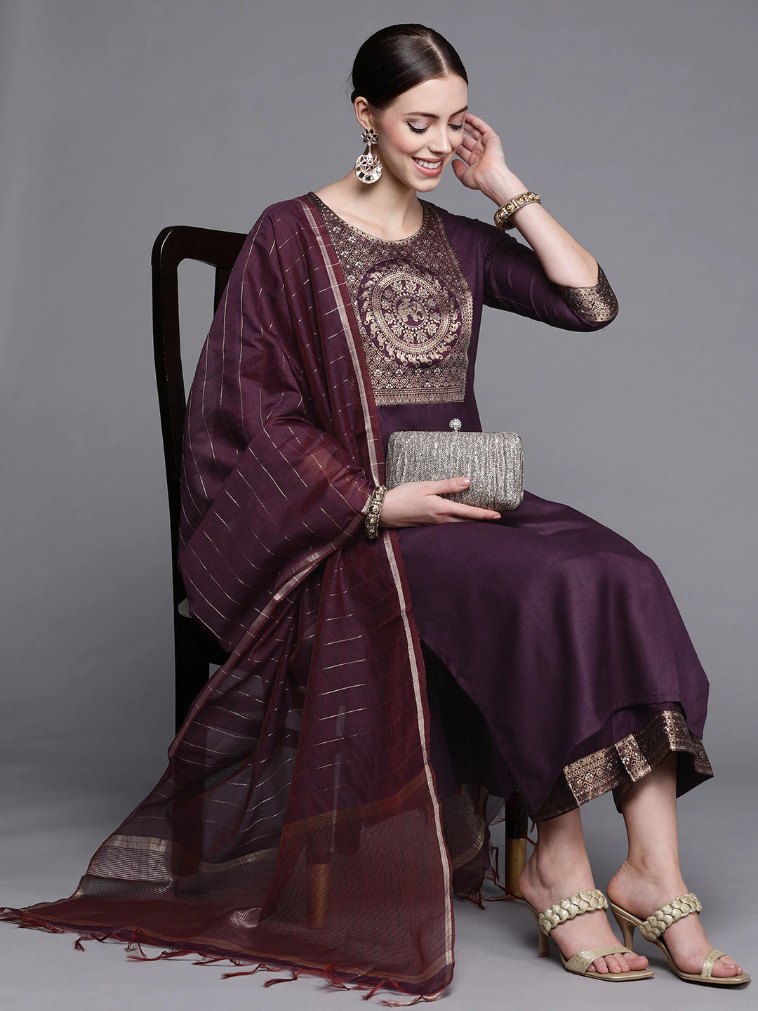 Women Purple Yoke Design Kurta with Palazzos & With Dupatta