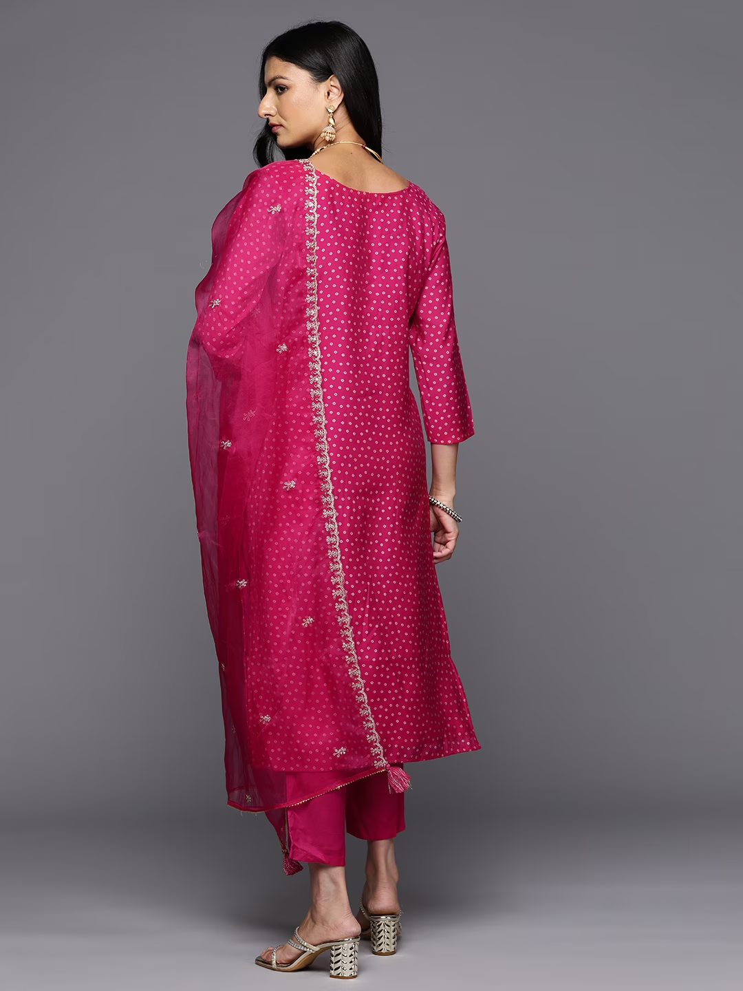Bandhani Yoke Design Sweetheart Neck Kurta With Trousers & Dupatta