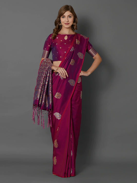 Magenta Silk Blend Woven Design Banarasi Saree