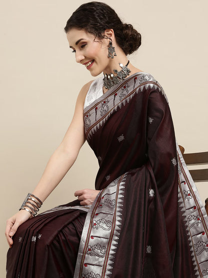 Brown Zari Silk Cotton Paithani Saree