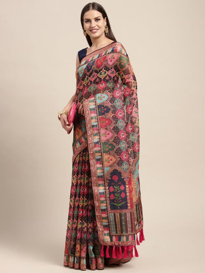 Peach-Coloured & Multicoloured Kalamkari Sequinned Linen Blend Block Print Saree