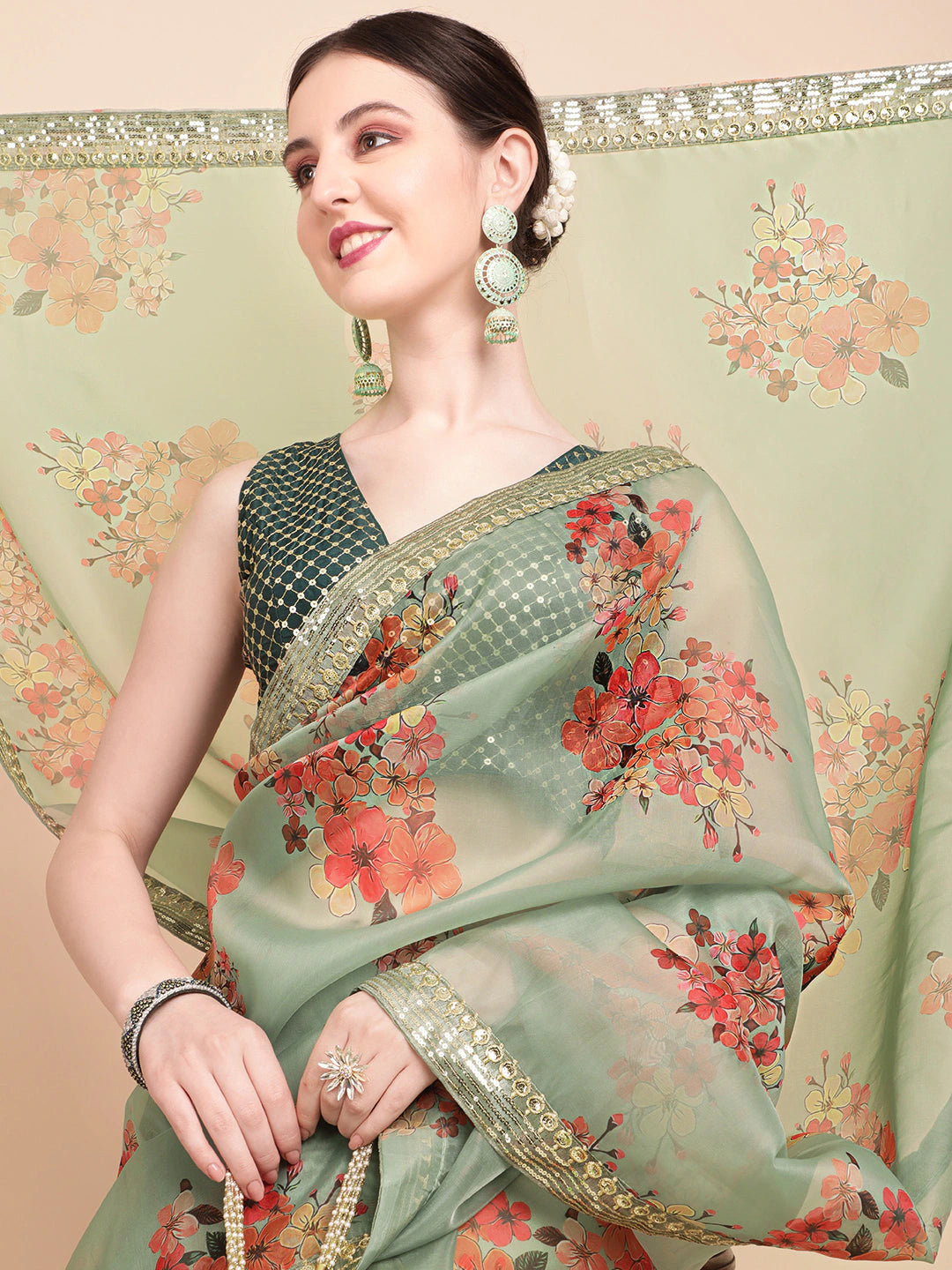 Olive Green & Red Floral Printed Organza Saree With Sequinned Blouse piece