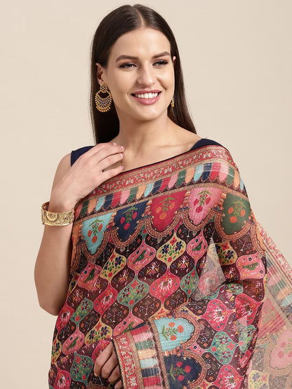 Peach-Coloured & Multicoloured Kalamkari Sequinned Linen Blend Block Print Saree