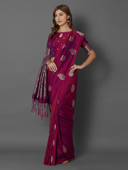 Magenta Silk Blend Woven Design Banarasi Saree