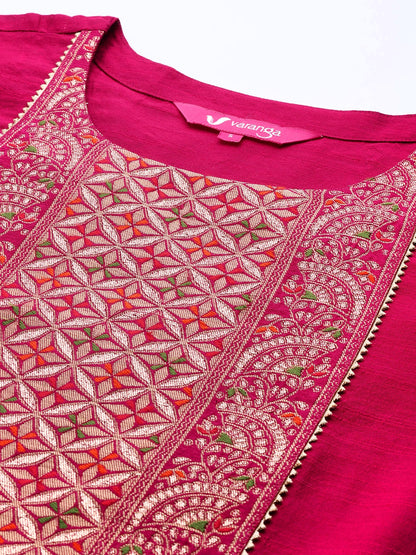 Women Magenta & Golden Ethnic Motifs Yoke Design Kurta with Trousers & Dupatta