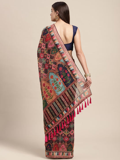 Peach-Coloured & Multicoloured Kalamkari Sequinned Linen Blend Block Print Saree