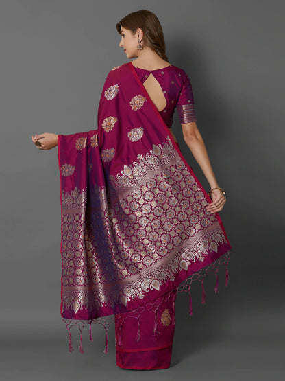 Magenta Silk Blend Woven Design Banarasi Saree