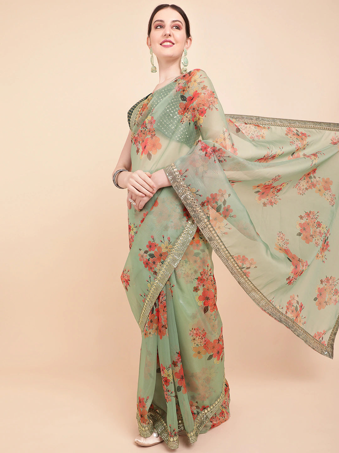 Olive Green & Red Floral Printed Organza Saree With Sequinned Blouse piece