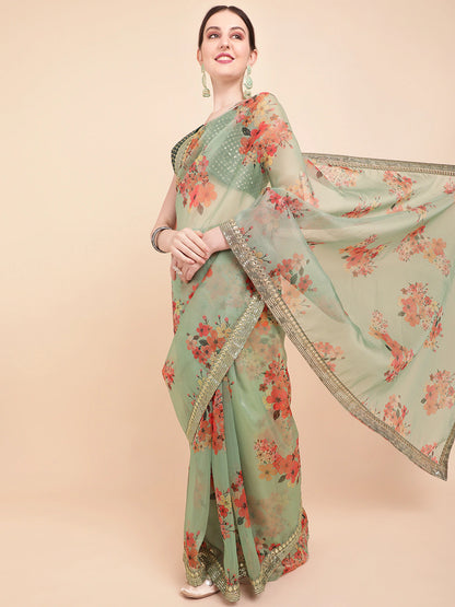 Olive Green & Red Floral Printed Organza Saree With Sequinned Blouse piece