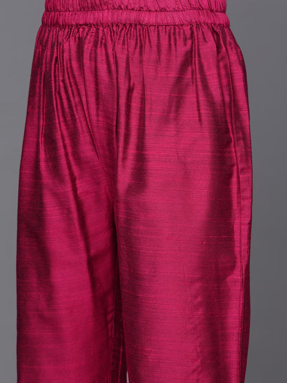 Women Magenta & Golden Ethnic Motifs Yoke Design Kurta with Trousers & Dupatta