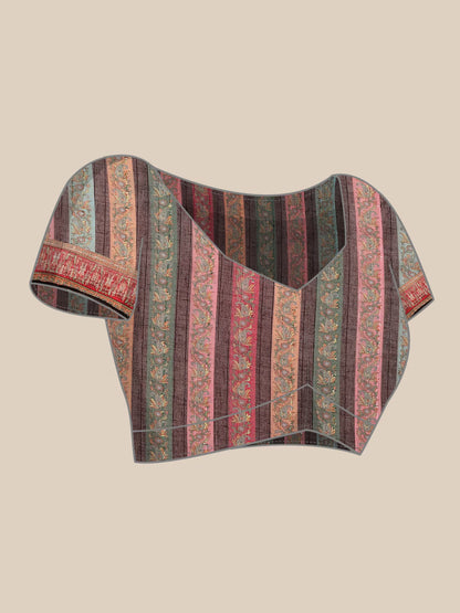 Peach-Coloured & Multicoloured Kalamkari Sequinned Linen Blend Block Print Saree