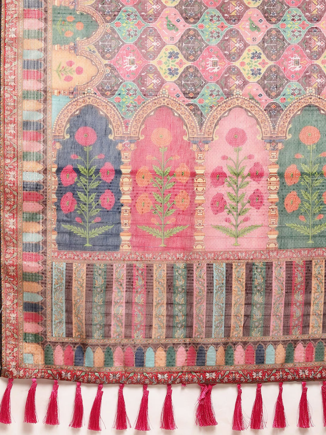 Peach-Coloured & Multicoloured Kalamkari Sequinned Linen Blend Block Print Saree