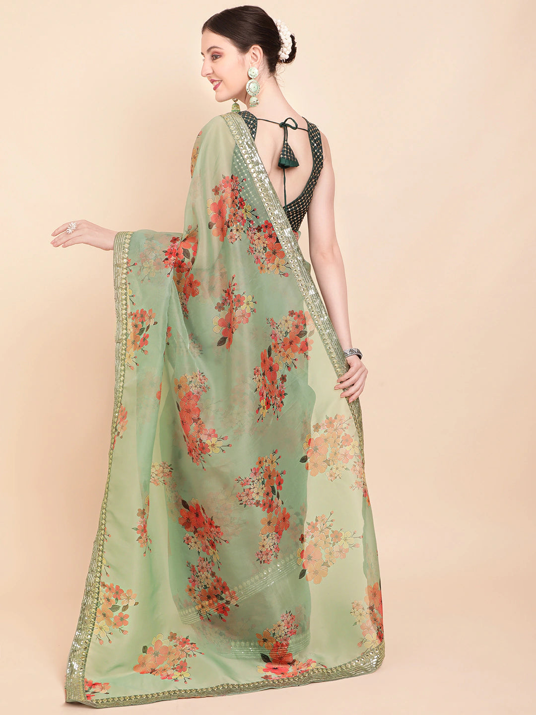 Olive Green & Red Floral Printed Organza Saree With Sequinned Blouse piece