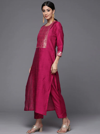 Women Magenta & Golden Ethnic Motifs Yoke Design Kurta with Trousers & Dupatta